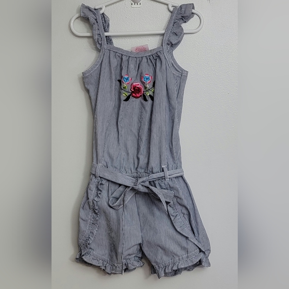 Girls Striped Romper with Floral Embroidery - Size 4